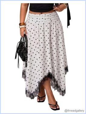 Plus Size Polka Dot Lace Trim A-Line Midi Skirt